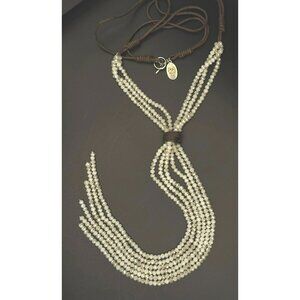 Jamie Rocks NYC White Crystal Beads Tassell Brown Rope Necklace